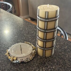 MacKenzie-Childs Cream Pillar Candle with Silver and Brown Grid